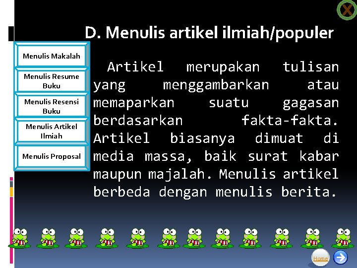 X D. Menulis artikel ilmiah/populer Menulis Makalah Menulis Resume Buku Menulis Resensi Buku Menulis