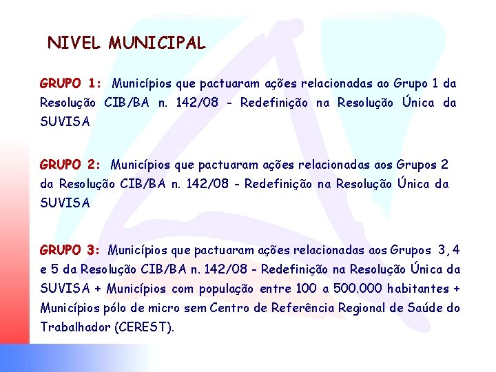 GRUPO IV Municípios com atuação regional GRUPO II Eixos estratégicos para a regionalização e