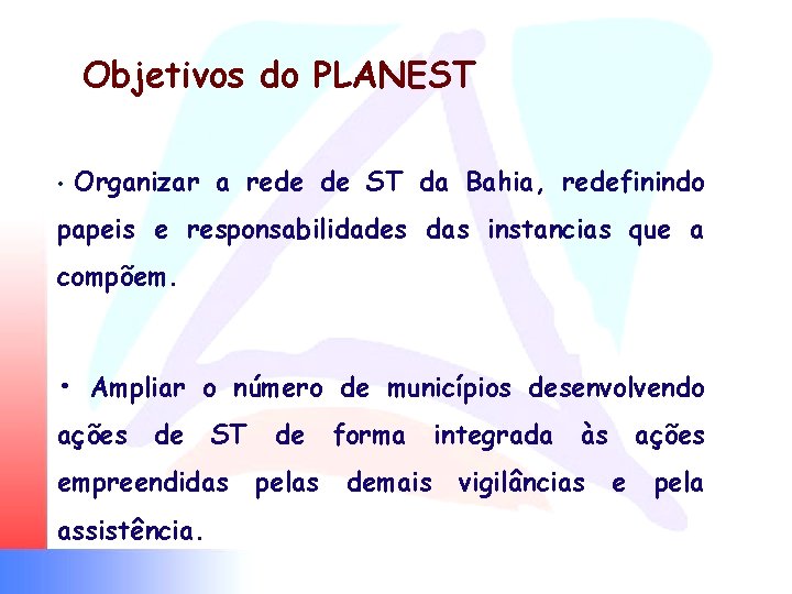 Objetivos do PLANEST • Organizar a rede de ST da Bahia, redefinindo papeis e