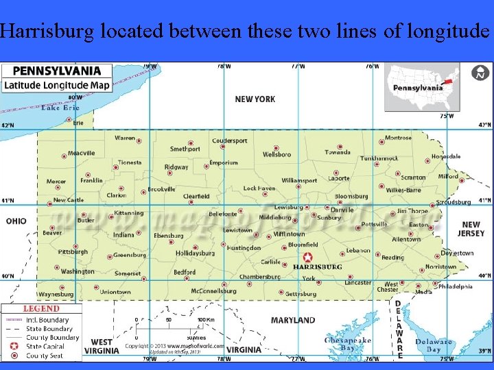 Harrisburg located between these two lines of longitude 