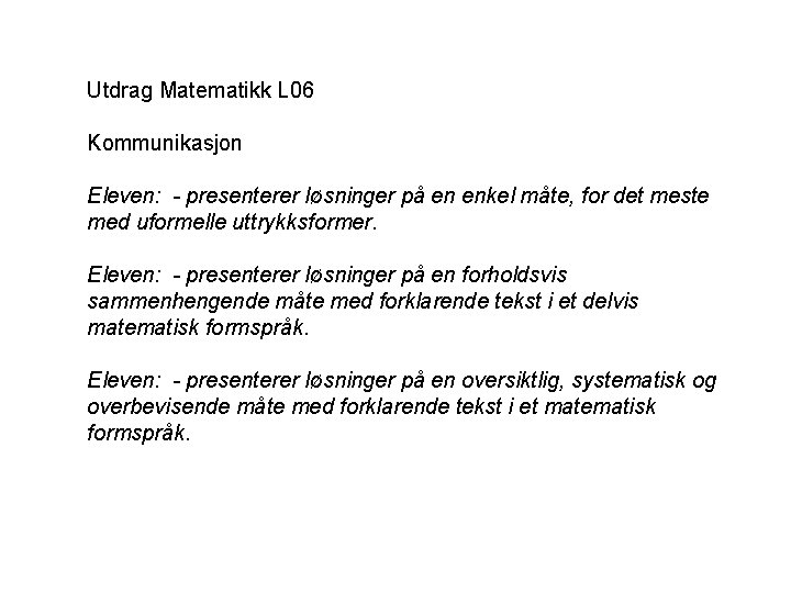 Utdrag Matematikk L 06 Kommunikasjon Eleven: - presenterer løsninger på en enkel måte, for