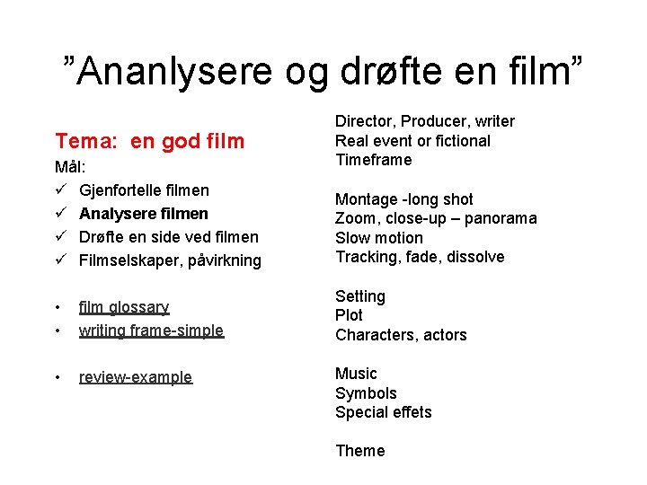 ”Ananlysere og drøfte en film” Tema: en god film Mål: ü Gjenfortelle filmen ü