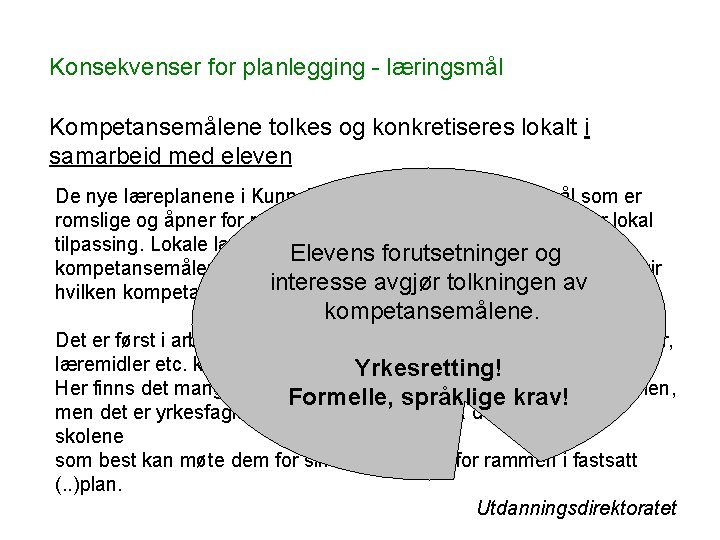 Konsekvenser for planlegging - læringsmål Kompetansemålene tolkes og konkretiseres lokalt i samarbeid med eleven