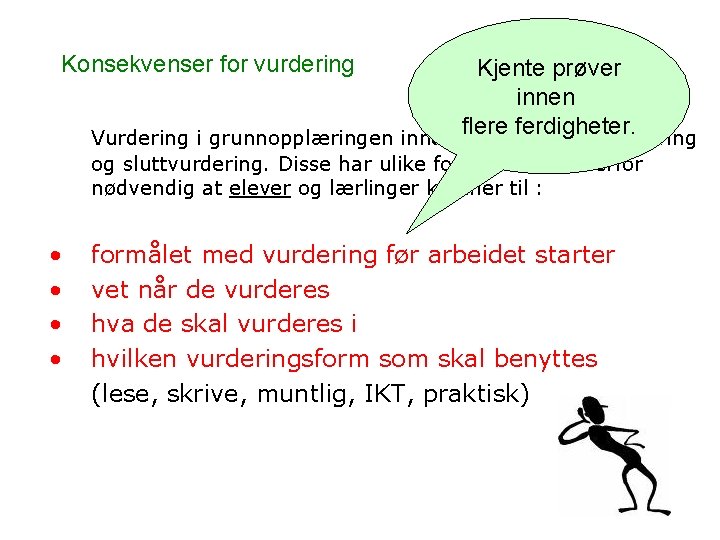 Konsekvenser for vurdering Kjente prøver innen flere ferdigheter. Vurdering i grunnopplæringen inndeles i underveisvurdering