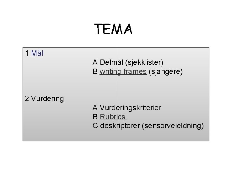 TEMA 1 Mål A Delmål (sjekklister) B writing frames (sjangere) 2 Vurdering A Vurderingskriterier