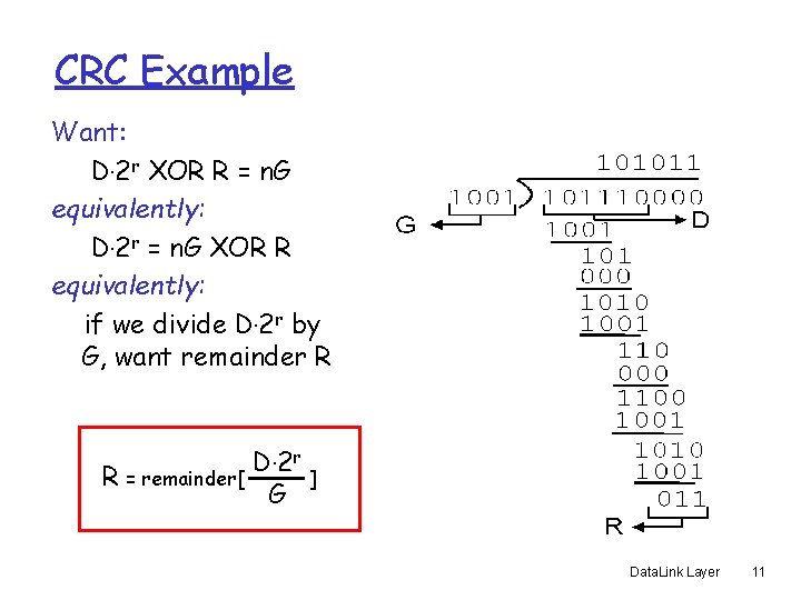 CRC Example Want: D. 2 r XOR R = n. G equivalently: D. 2