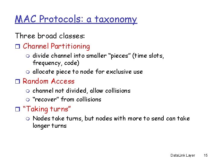 MAC Protocols: a taxonomy Three broad classes: r Channel Partitioning m m divide channel