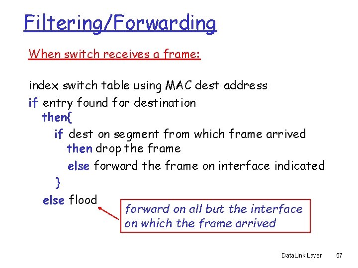 Filtering/Forwarding When switch receives a frame: index switch table using MAC dest address if