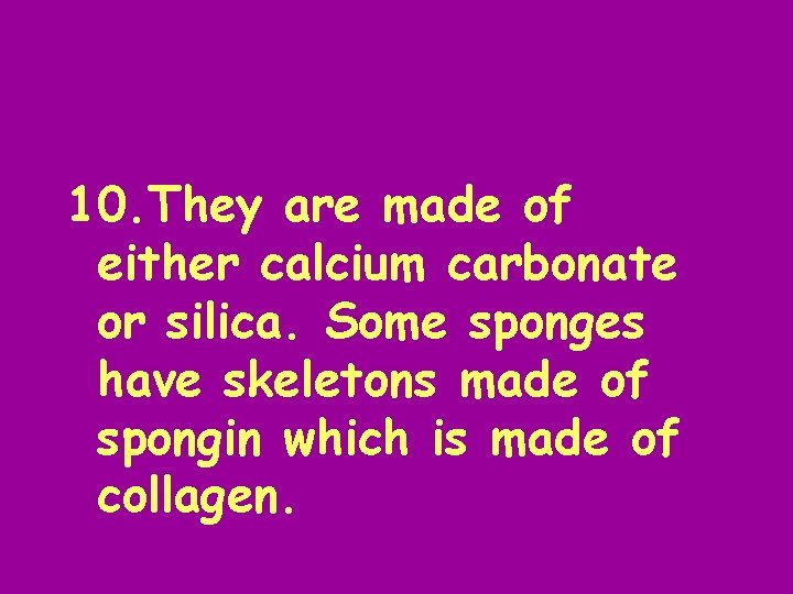 10. They are made of either calcium carbonate or silica. Some sponges have skeletons