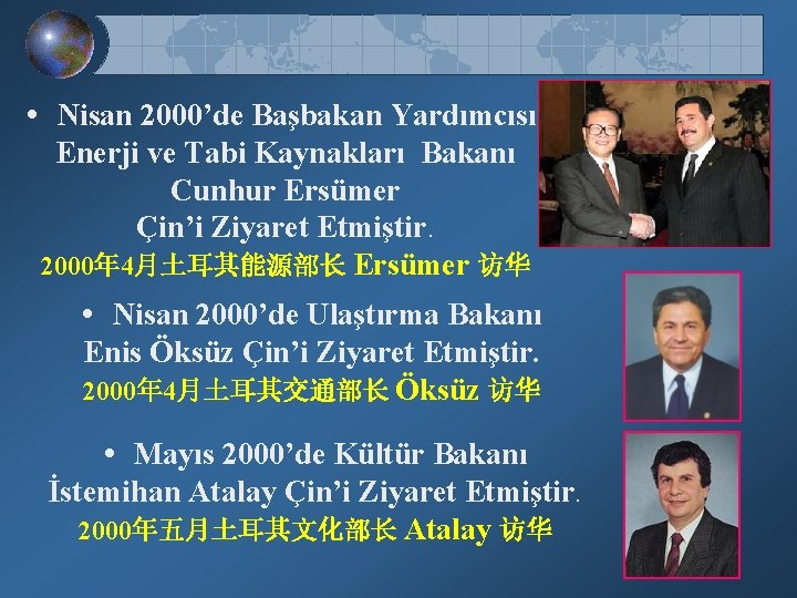  • Nisan 2000’de Başbakan Yardımcısı, Enerji ve Tabi Kaynakları Bakanı Cunhur Ersümer Çin’i