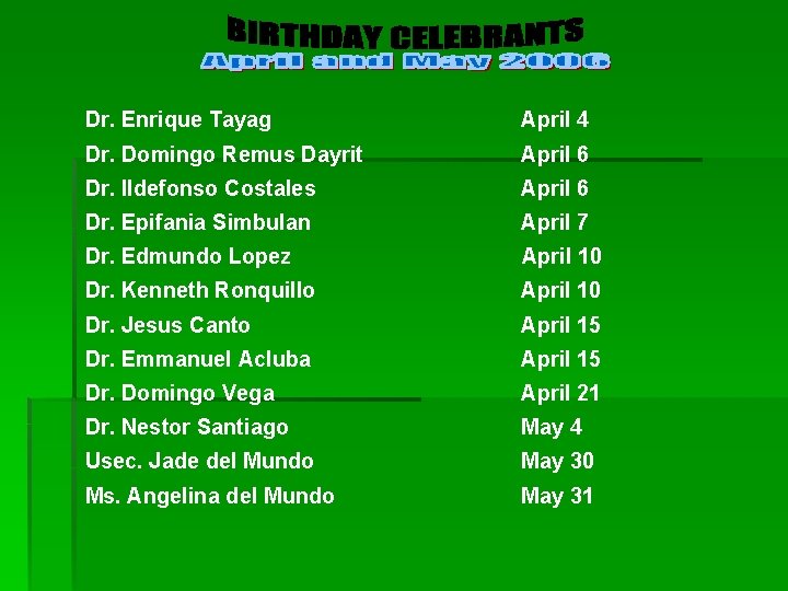 Dr. Enrique Tayag April 4 Dr. Domingo Remus Dayrit April 6 Dr. Ildefonso Costales