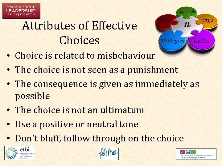 Concepts Attributes of Effective Choices Skills Strategies Orgs IL Tactics • Choice is related