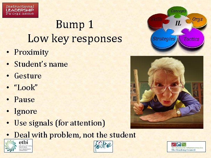 Concepts Bump 1 Low key responses • • Proximity Student’s name Gesture “Look” Pause