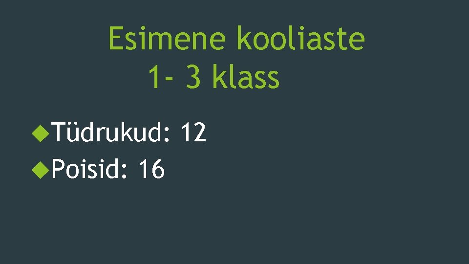 Esimene kooliaste 1 - 3 klass Tüdrukud: Poisid: 16 12 