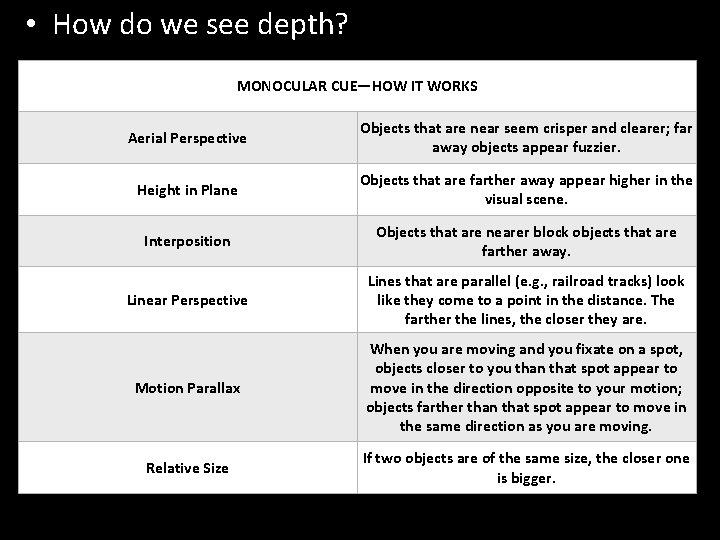  • How do we see depth? MONOCULAR CUE—HOW IT WORKS Aerial Perspective Height