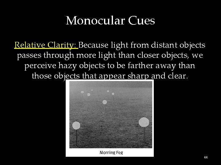 Monocular Cues Relative Clarity: Because light from distant objects passes through more light than