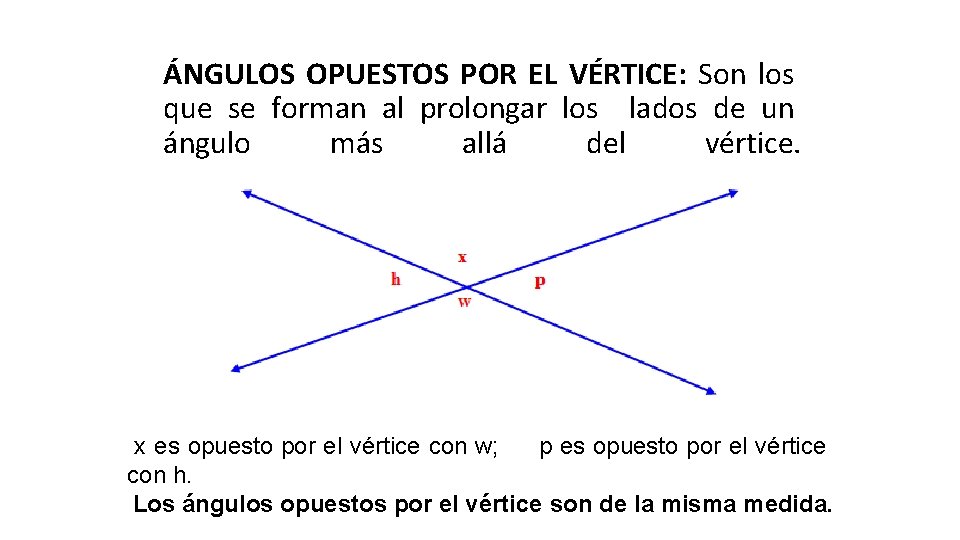 ÁNGULOS OPUESTOS POR EL VÉRTICE: Son los que se forman al prolongar los lados