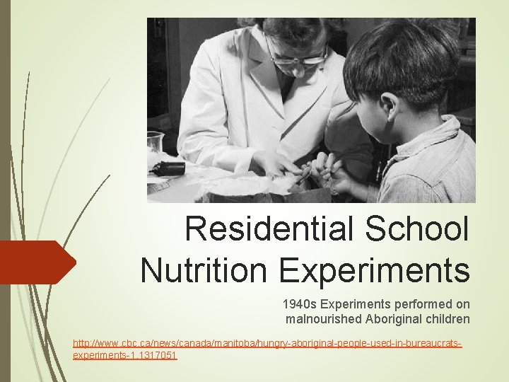 Residential School Nutrition Experiments 1940 s Experiments performed on malnourished Aboriginal children http: //www. Residential School Nutrition Experiments 1940 s Experiments performed on malnourished Aboriginal children http: //www.