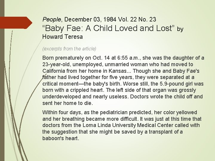 People, December 03, 1984 Vol. 22 No. 23 “Baby Fae: A Child Loved and People, December 03, 1984 Vol. 22 No. 23 “Baby Fae: A Child Loved and