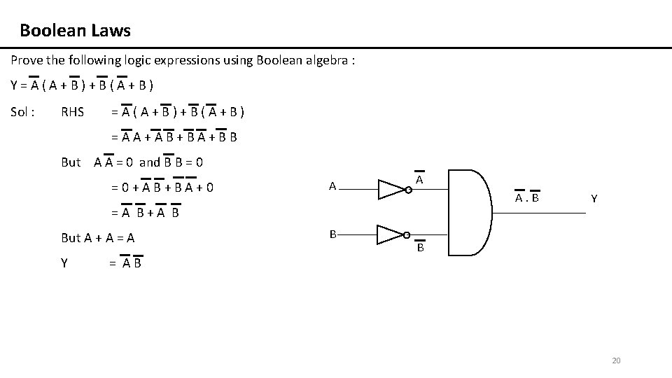 Boolean Laws Prove the following logic expressions using Boolean algebra : Y=A(A+B)+B(A+B) Sol :
