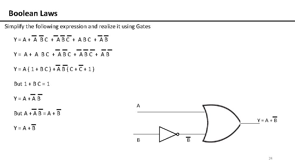 Boolean Laws Simplify the following expression and realize it using Gates Y=A+ A BC