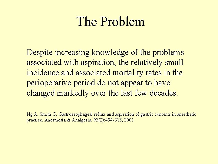 The Problem Despite increasing knowledge of the problems associated with aspiration, the relatively small