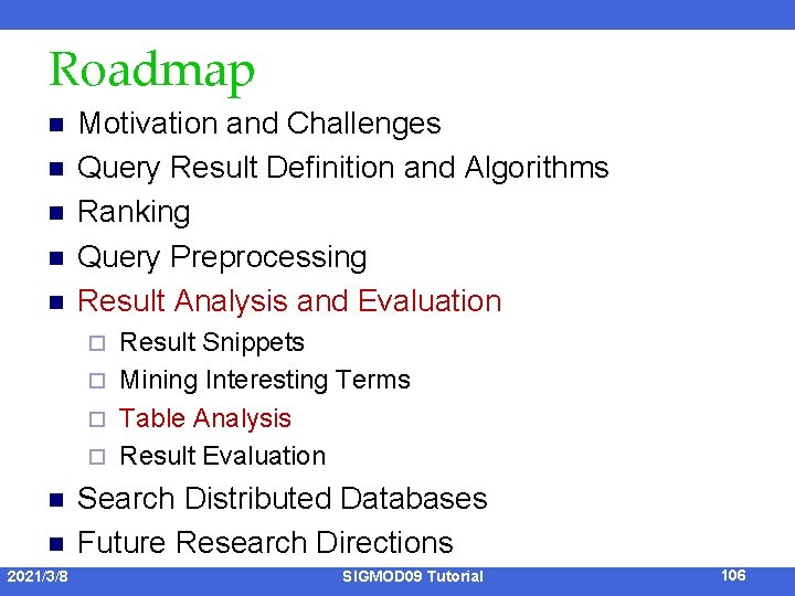 Roadmap n n n Motivation and Challenges Query Result Definition and Algorithms Ranking Query