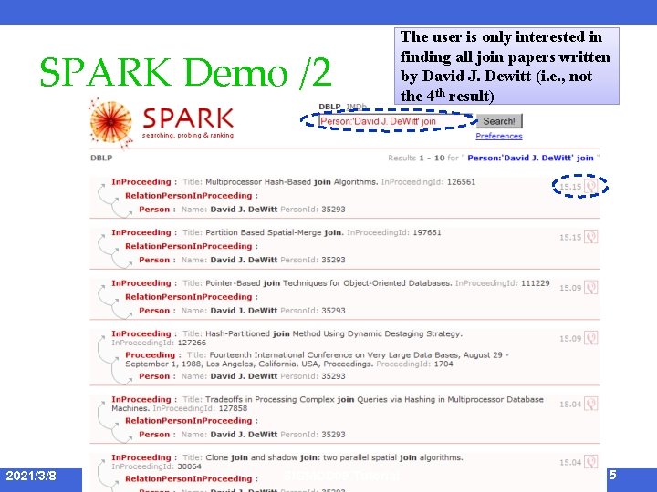 SPARK Demo /2 2021/3/8 SIGMOD 09 Tutorial The user is only interested in finding