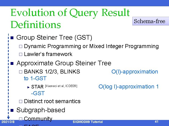 Evolution of Query Result Definitions n Schema-free Group Steiner Tree (GST) ¨ Dynamic Programming