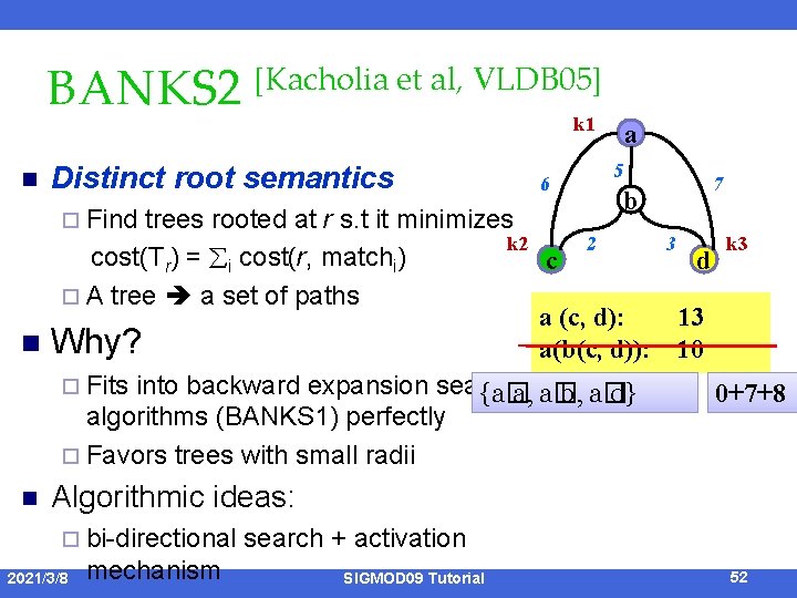 BANKS 2 [Kacholia et al, VLDB 05] k 1 n Distinct root semantics ¨