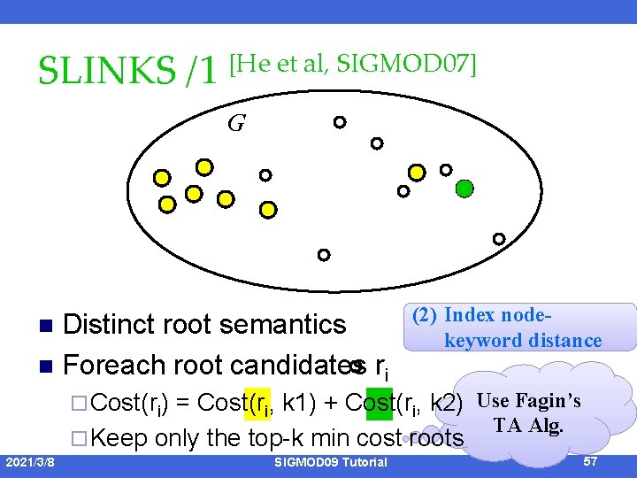 SLINKS /1 [He et al, SIGMOD 07] G Distinct root semantics n Foreach root