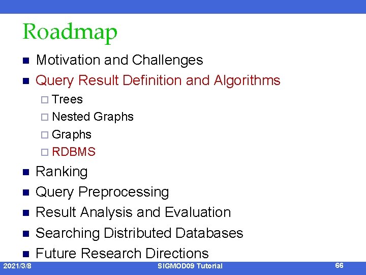 Roadmap n n Motivation and Challenges Query Result Definition and Algorithms ¨ Trees ¨