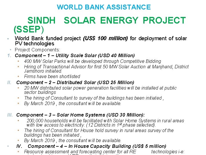 WORLD BANK ASSISTANCE SINDH SOLAR ENERGY PROJECT (SSEP) § World Bank funded project (US$