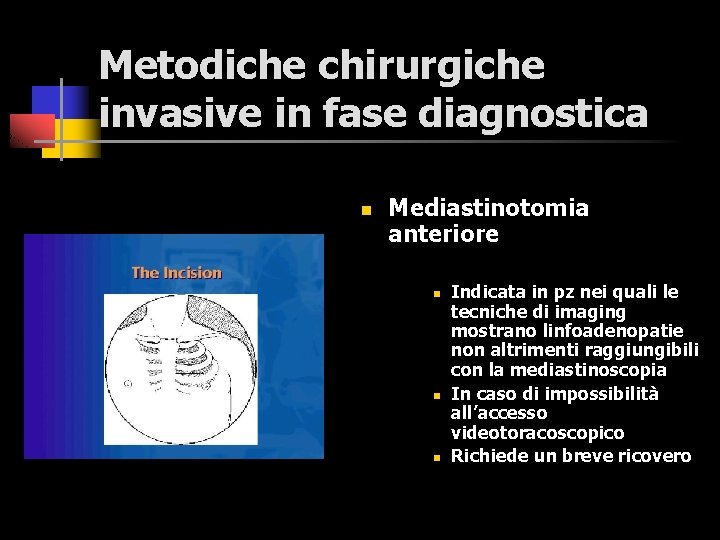 Metodiche chirurgiche invasive in fase diagnostica n Mediastinotomia anteriore n n n Indicata in