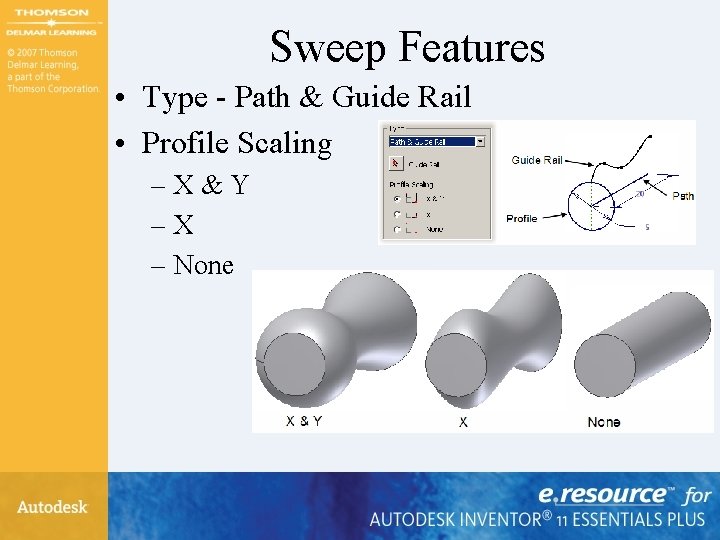 Sweep Features • Type - Path & Guide Rail • Profile Scaling –X&Y –X Sweep Features • Type - Path & Guide Rail • Profile Scaling –X&Y –X