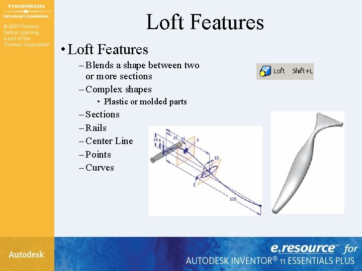 Loft Features • Loft Features – Blends a shape between two or more sections Loft Features • Loft Features – Blends a shape between two or more sections
