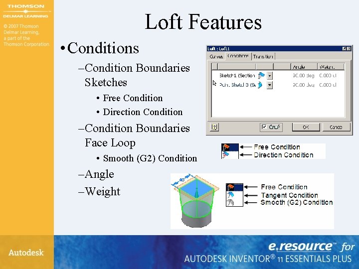 Loft Features • Conditions – Condition Boundaries Sketches • Free Condition • Direction Condition Loft Features • Conditions – Condition Boundaries Sketches • Free Condition • Direction Condition