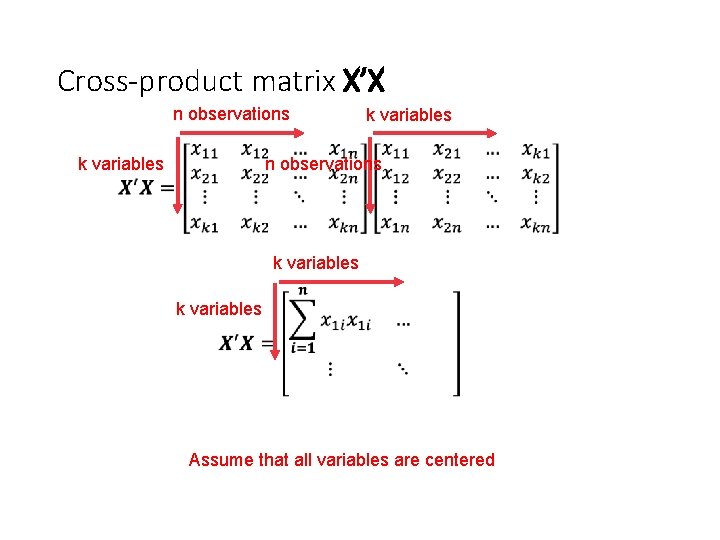 Cross-product matrix X’X n observations • k variables n observations k variables Assume that