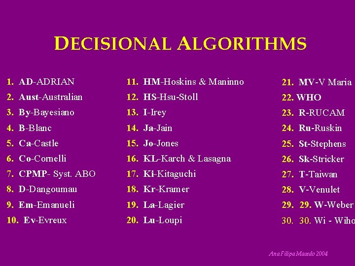 DECISIONAL ALGORITHMS 1. AD-ADRIAN 11. HM-Hoskins & Maninno 21. MV-V Maria 2. Aust-Australian 12.