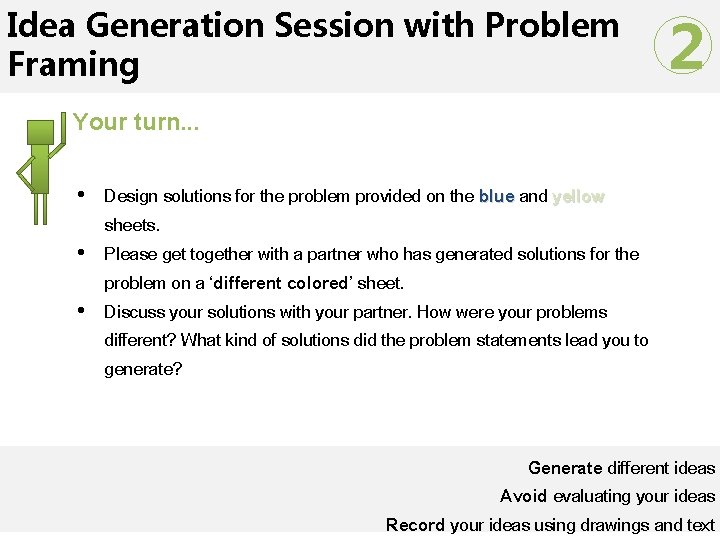 Idea Generation Session with Problem Framing 2 Your turn. . . • Design solutions