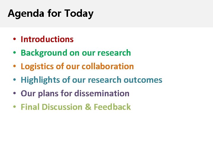 Agenda for Today • • • Introductions Background on our research Logistics of our