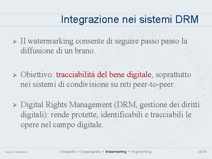 Integrazione nei sistemi DRM Ø Il watermarking consente di seguire passo la diffusione di Integrazione nei sistemi DRM Ø Il watermarking consente di seguire passo la diffusione di