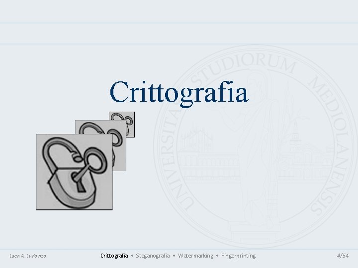Crittografia Luca A. Ludovico Crittografia • Steganografia • Watermarking • Fingerprinting 4/54 Crittografia Luca A. Ludovico Crittografia • Steganografia • Watermarking • Fingerprinting 4/54