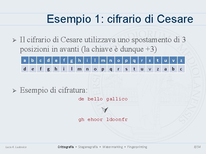 Esempio 1: cifrario di Cesare Ø Ø Il cifrario di Cesare utilizzava uno spostamento Esempio 1: cifrario di Cesare Ø Ø Il cifrario di Cesare utilizzava uno spostamento