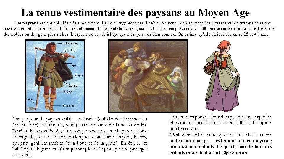 La tenue vestimentaire des paysans au Moyen Age Les paysans étaient habillés très simplement.