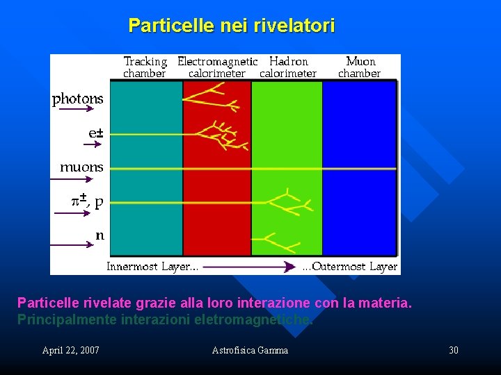 Particelle nei rivelatori Particelle rivelate grazie alla loro interazione con la materia. Principalmente interazioni