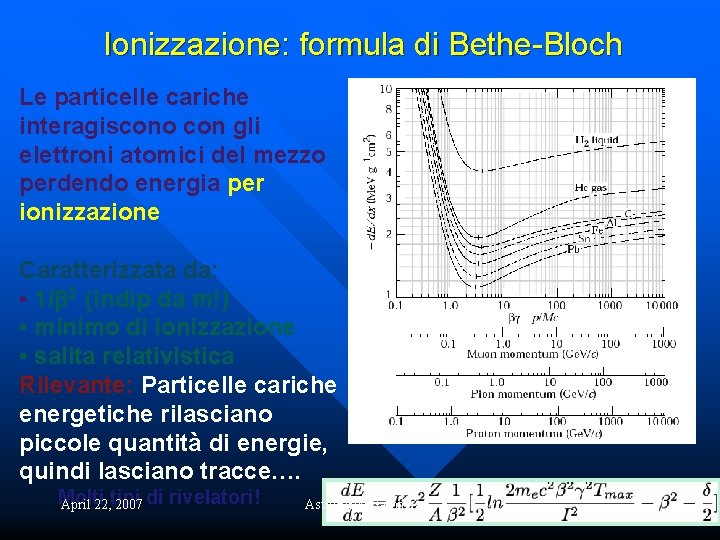 Ionizzazione: formula di Bethe-Bloch Le particelle cariche interagiscono con gli elettroni atomici del mezzo