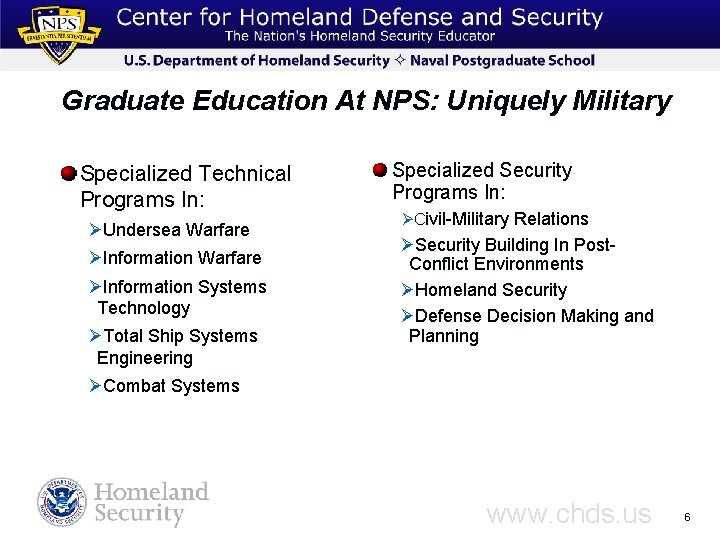 Graduate Education At NPS: Uniquely Military Specialized Technical Programs In: ØUndersea Warfare ØInformation Systems