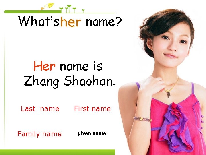 What’s her name? Her name is Zhang Shaohan. Last name First name Family name