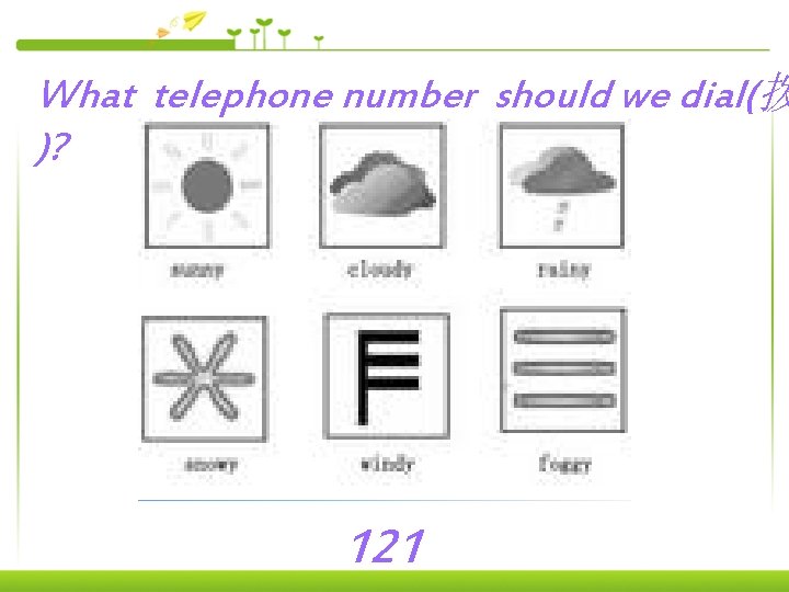 What telephone number should we dial(拨 )? 121 